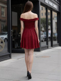 Sexy women's evening dress shimmering bow off-shoulder pleated skirt