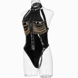 Sexy seductive bondage metal chain leather bodysuit