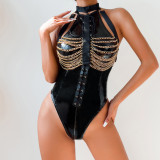 Sexy seductive bondage metal chain leather bodysuit