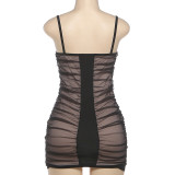 Women's V-neck sexy mesh patchwork pleated bodycon dress