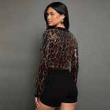 Round Neck Leopard Print Sequin Top and Black Shorts Set Women