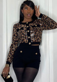 Round Neck Leopard Print Sequin Top and Black Shorts Set Women
