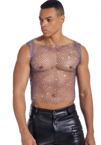 Men's See-Through Vest Rhinestone Fishnet Top Nightclub Party Outfit