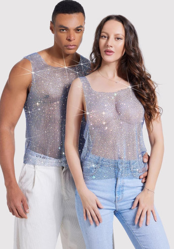 Sparkling rhinestone see-through men's sexy fishnet rhinestone party nightclub sleeveless top for couples