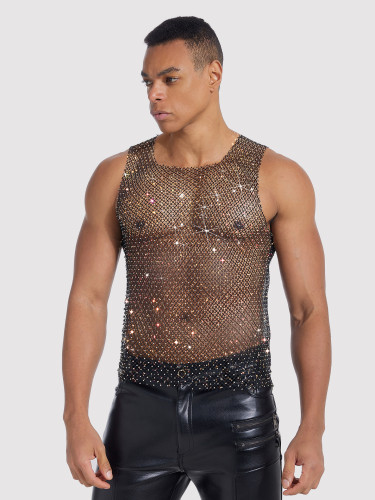 Men's See-Through Vest Rhinestone Fishnet Top Nightclub Party Outfit