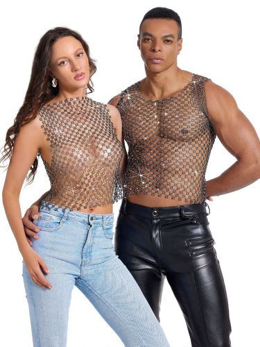 Sparkling rhinestone see-through men's sexy fishnet rhinestone party nightclub sleeveless top for couples