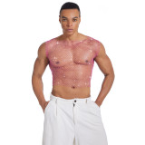 Men's See-Through Vest Rhinestone Fishnet Top Nightclub Party Outfit