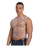 Men's See-Through Vest Rhinestone Fishnet Top Nightclub Party Outfit
