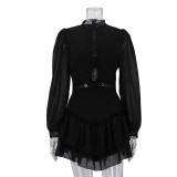 Hollow-out chiffon dress women's stand-up collar long sleeves elegant high-waisted A-line black dress