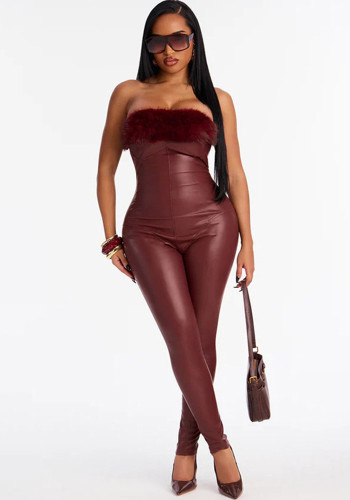 Women Tight-Fitting Furry Bandeau Jumpsuit