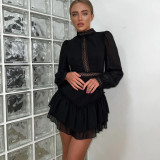 Hollow-out chiffon dress women's stand-up collar long sleeves elegant high-waisted A-line black dress