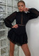 Hollow-out chiffon dress women's stand-up collar long sleeves elegant high-waisted A-line black dress