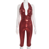 Solid color sexy faux leather burgunry vest top capri pants set