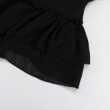 Hollow-out chiffon dress women's stand-up collar long sleeves elegant high-waisted A-line black dress