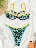 Women Contrast Color Leopard Print Sexy Bikini Swimwear