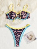 Women Contrast Color Leopard Print Sexy Bikini Swimwear