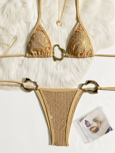 Women Gold Sequin Two Piece Swimwear