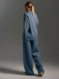 Women knitted sweater set polo collar pullover + wide-leg trousers two-piece set