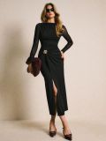Black patchwork mesh sleeves metal buckle embellishment dress