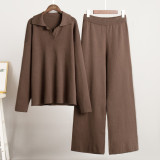 Women knitted sweater set polo collar pullover + wide-leg trousers two-piece set