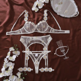 Daisy-print see-through mesh white sexy lingerie set