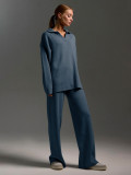 Women knitted sweater set polo collar pullover + wide-leg trousers two-piece set