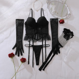 See-through black sexy push up body-shaping stocking gloves bustier lingerie set