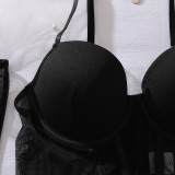 See-through black sexy push up body-shaping stocking gloves bustier lingerie set