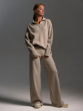 Women knitted sweater set polo collar pullover + wide-leg trousers two-piece set