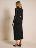 Black patchwork mesh sleeves metal buckle embellishment dress