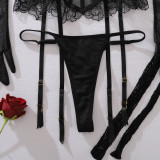 See-through black sexy push up body-shaping stocking gloves bustier lingerie set