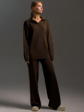 Women knitted sweater set polo collar pullover + wide-leg trousers two-piece set