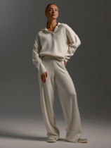 Women knitted sweater set polo collar pullover + wide-leg trousers two-piece set