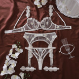 Daisy-print see-through mesh white sexy lingerie set