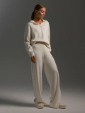 Women knitted sweater set polo collar pullover + wide-leg trousers two-piece set