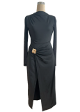 Black patchwork mesh sleeves metal buckle embellishment dress