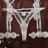 Daisy-print see-through mesh white sexy lingerie set