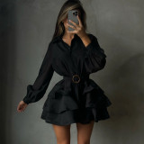 Elegant black dress for women long-sleeved single-breasted belted dress