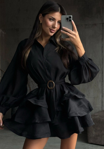 Elegant black dress for women long-sleeved single-breasted belted dress