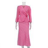 Elegant two-piece set V-neck long-sleeved tie-front top and bodycon skirt set