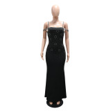 Women Sexy Strap Beaded Party Evening Maxi Dress
