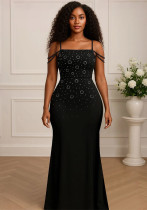 Women Sexy Strap Beaded Party Evening Maxi Dress