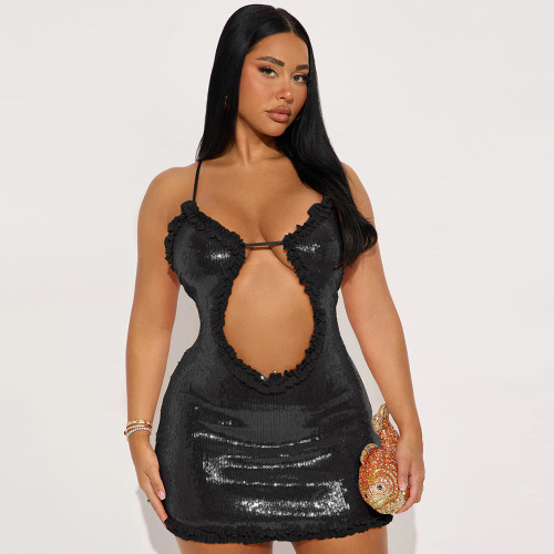 Women Strap Sequin Hollow-Out Sexy Party Dress
