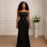 Women Sexy Strap Beaded Party Evening Maxi Dress