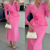 Elegant two-piece set V-neck long-sleeved tie-front top and bodycon skirt set