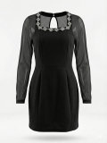 Sexy mesh-trimmed rhinestone U-neck black elegant black dress