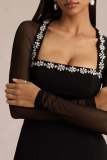 Sexy mesh-trimmed rhinestone U-neck black elegant black dress
