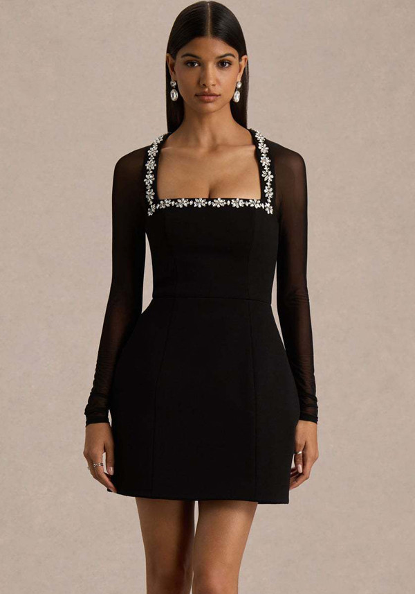 Sexy mesh-trimmed rhinestone U-neck black elegant black dress