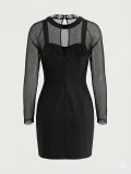 Sexy mesh-trimmed rhinestone U-neck black elegant black dress