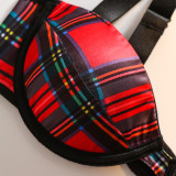 Sexy plaid lingerie with bow seductive sleepwear push-up set